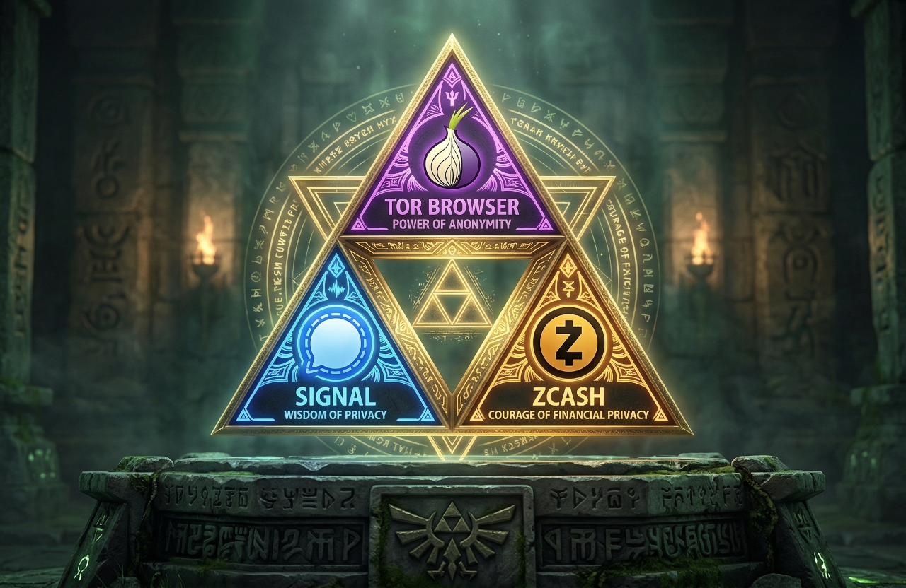 Triforce of Tor, Signal, and Zcash atop a Hyrulian altar.