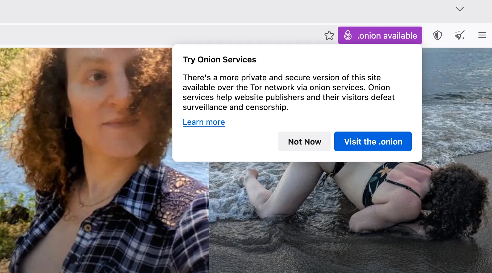 Screenshot of Tor Browser's onion location hint.