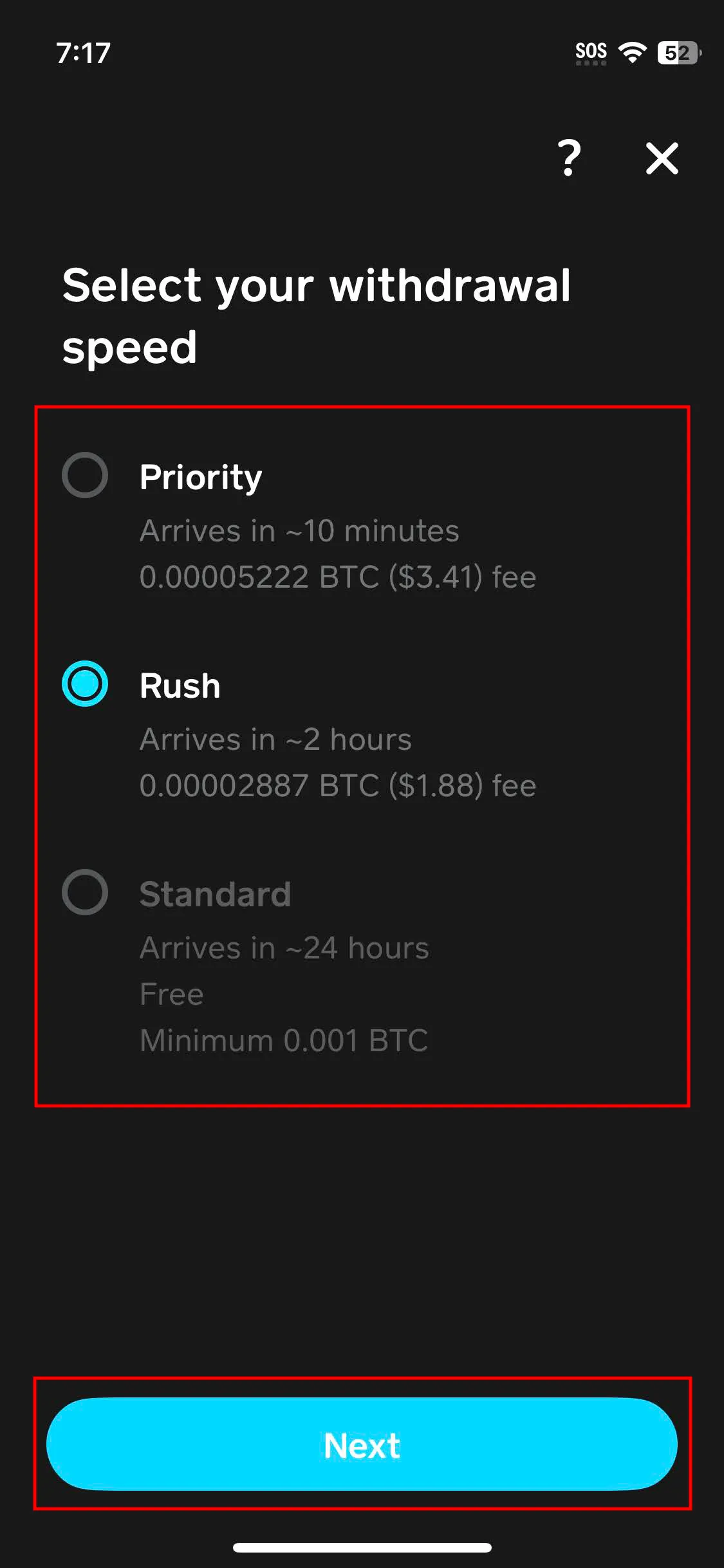 Screenshot of the CashApp selection screen for Bitcoin withdrawal speeds, with the 'Rush' option selected.