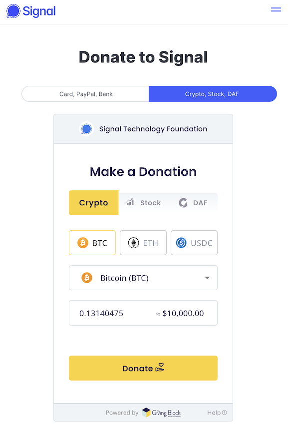Screenshot of the donation screen on the Signal.org website.