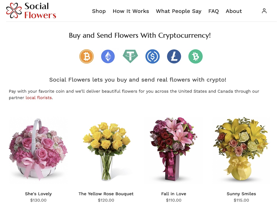 Screenshot of the SocialFlowers.com website describing their crypto payment options.