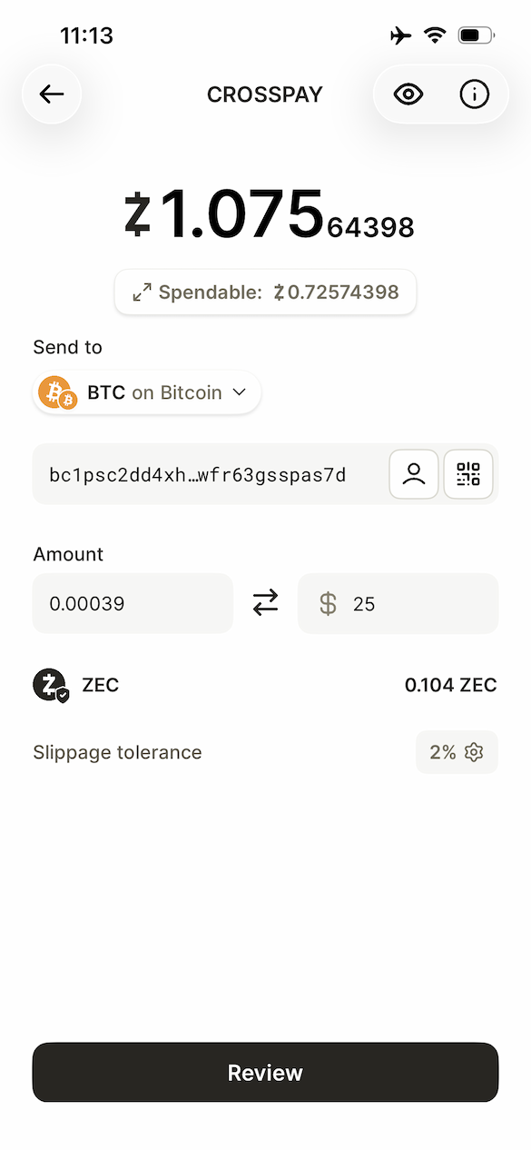 Screenshot of the Zodl Crosspay screen filled with a payee and an amount.