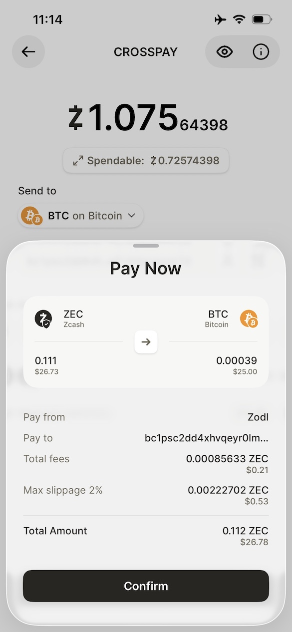 Screenshot of the Zodl Crosspay review payment drawer.