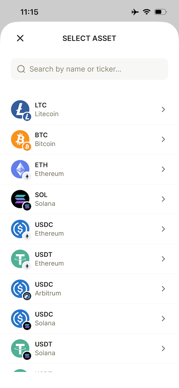 Screenshot of the Zodl asset selection drawer.