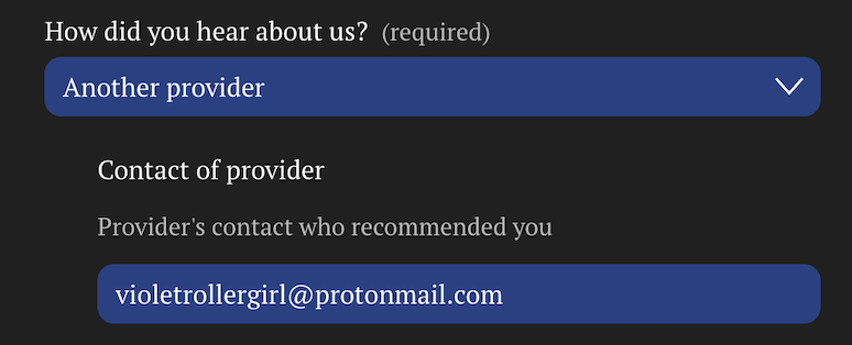 Screenshot of the Laura Cohen Precautionary Investigations new prospect sign up form showing how to enter Violet Rollergirl as a referral source.