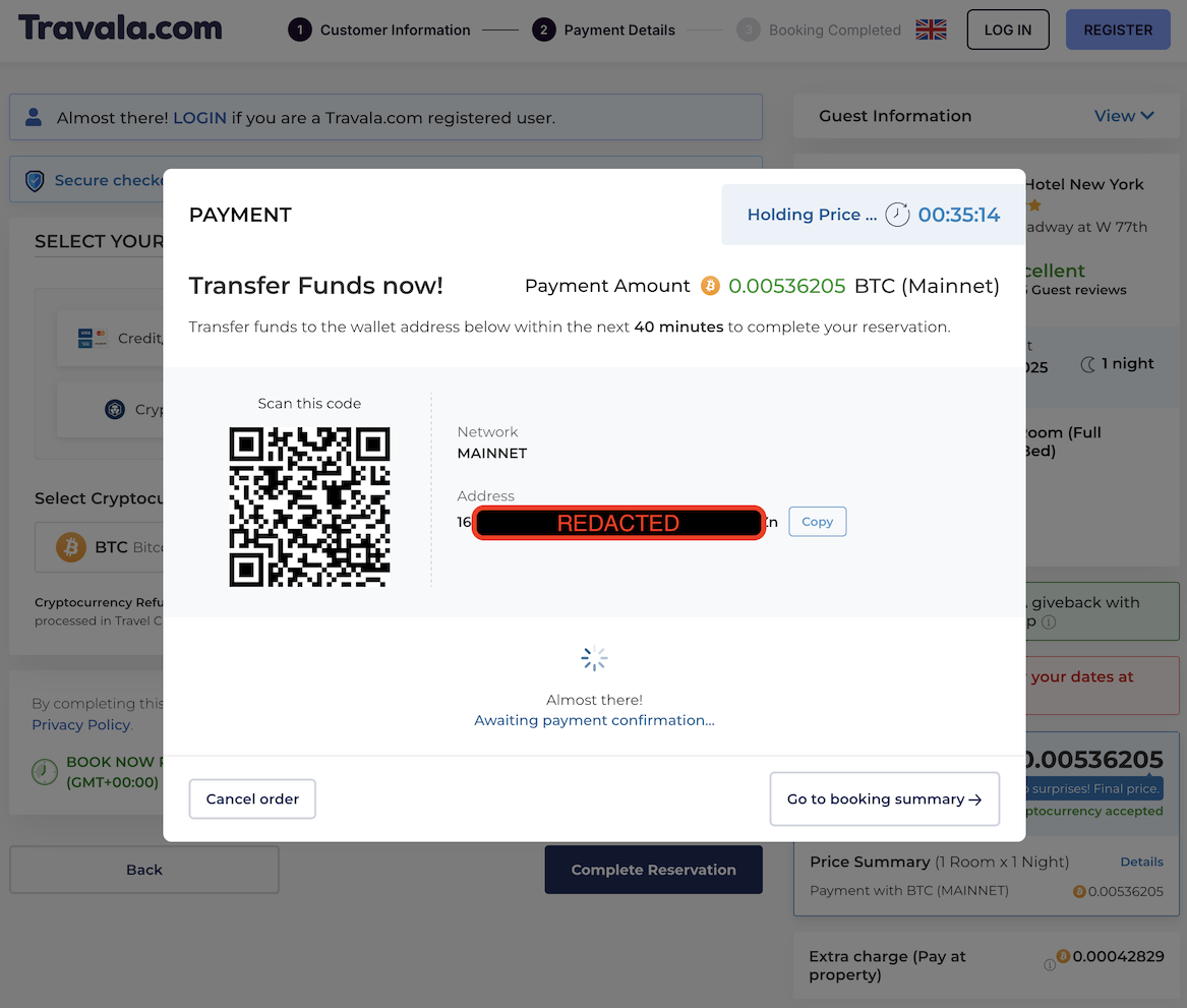 Screenshot of the Travala hotel booking payment request screen.