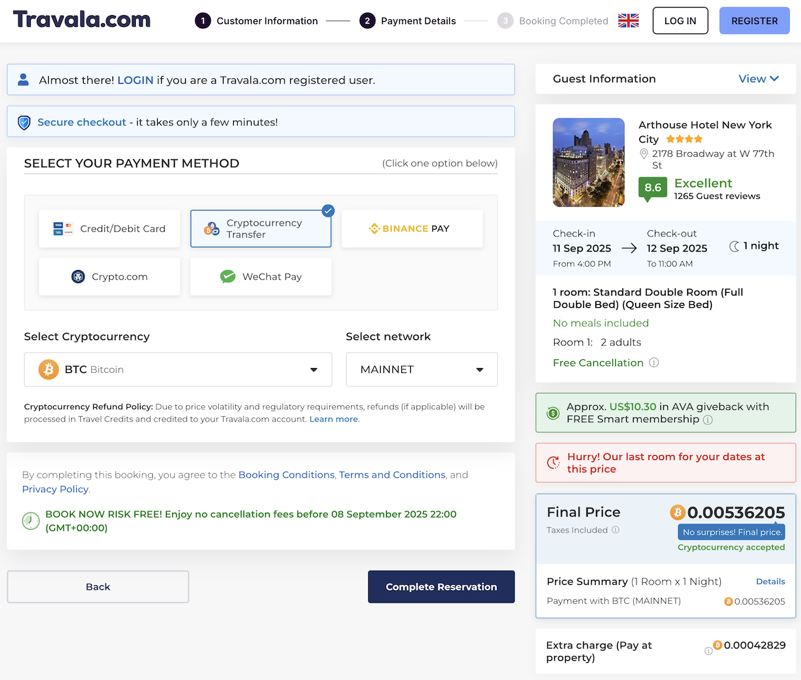 Screenshot of the Travala hotel booking payment method selection screen.