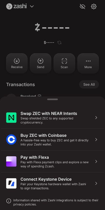 Screenshot of the Zashi wallet app's 'More…' menu.