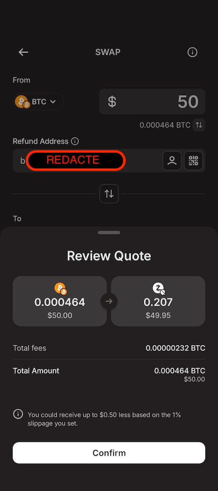 Screenshot showing a swap quote in the Zashi wallet app.